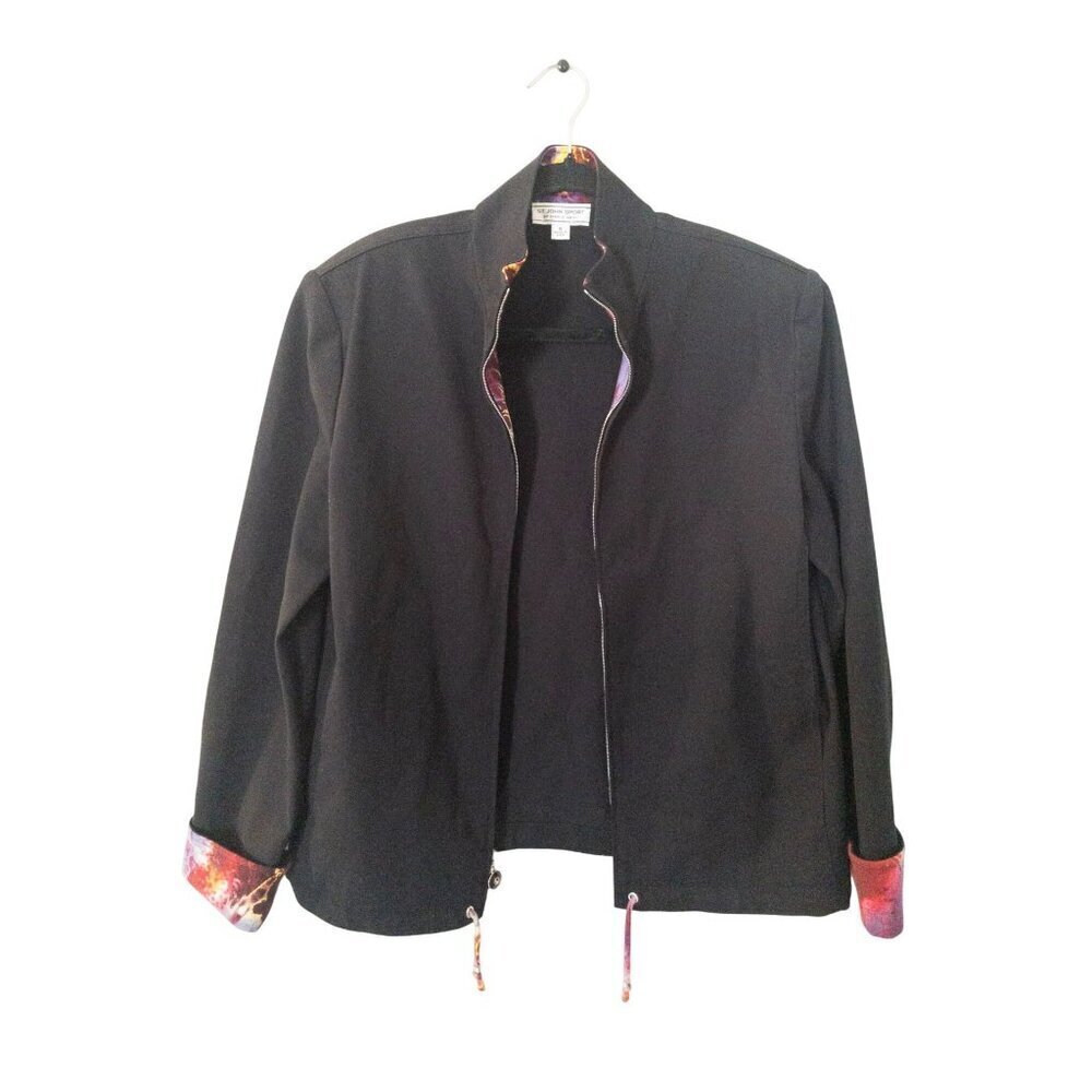 St. John Sport Black Jacket With Vibrant Printed Lining & Adjustable Drawstring